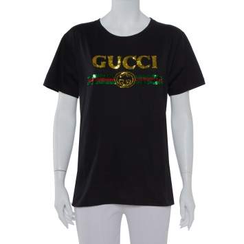 Pre Owned Gucci Black Cotton Sequin Embellished Tiger & Logo Detail Oversized T-shirt XS