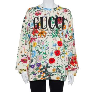 Pre Owned Gucci Cream Flora Print Cotton Crewneck Oversized Sweatshirt M