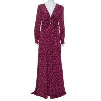 Pre Owned Gucci Burgundy Heartbeat Print Silk Ruched Detail Maxi Dress M