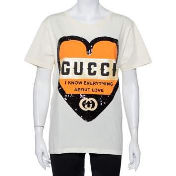 Pre Owned Gucci Cream Cotton Sequin Embellished Heart Detail Oversized Crewneck T-Shirt XS
