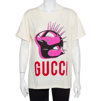Pre Owned Gucci Cream Manifesto Logo Printed Cotton Oversized Crewneck T-Shirt XS