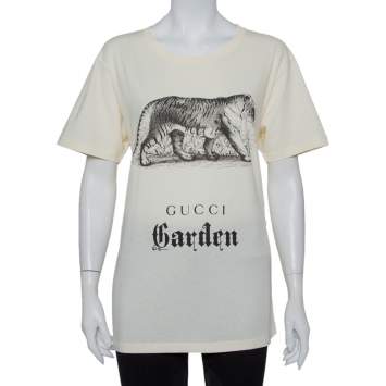 Pre Owned Gucci Garden Cream Tiger Printed Cotton Crewneck T-Shirt S 