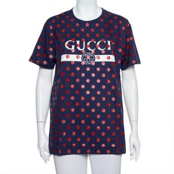 Pre Owned Gucci Navy Blue Cotton Polka Dot Logo Printed Crewneck T-shirt XS