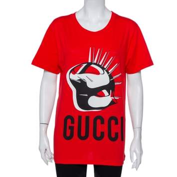 Pre Owned Gucci Red Logo Mask Print Cotton Oversized T-Shirt XS