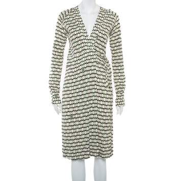 Pre Owned Gucci Cream Printed Knit Long Sleeve Wrap Midi Dress M