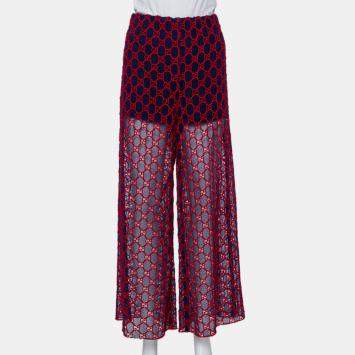 Pre Owned Gucci Navy Blue & Red Logo Embroidered Mesh Wide Leg Sheer Pants M