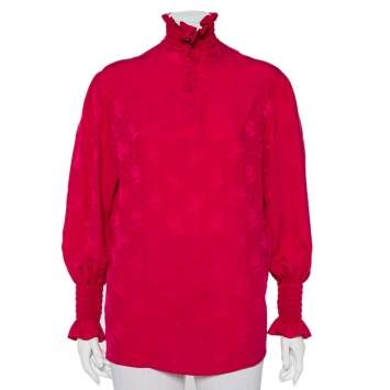 Pre Owned Gucci Magenta Rose Silk Jacquard High Neck Top S