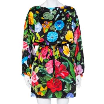 Pre Owned Gucci Black Floral Printed Silk Waist tie Detail Oversized Mini Dress S