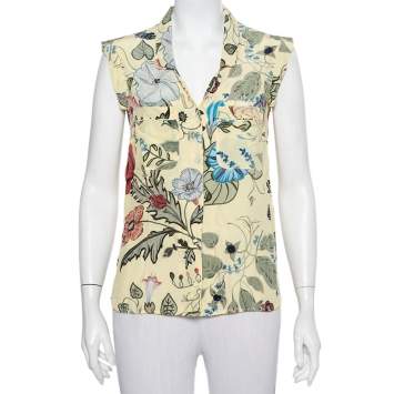 Pre Owned Gucci Yellow Floral Printed Silk Button Front Sleeveless Shirt M