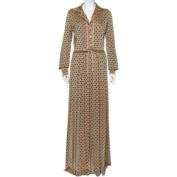 Pre Owned Gucci Beige Quadre G Intarsia Knit Lame Pleated Maxi Dress XL