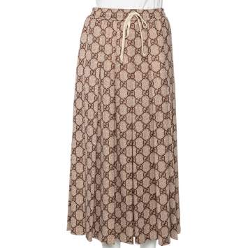 Pre Owned Gucci Beige Logo Monogram Knit Pleated Midi Skirt S