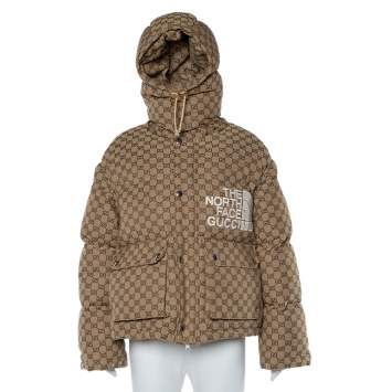 Pre Owned Gucci x The North Face Beige Cotton Canvas Logo Monogram Hooded Puffer Jacket S