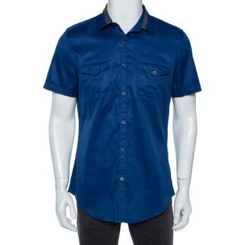 Pre Owned Gucci Blue Cotton Contrast Collar Detail Short Sleeve Skinny Fit Shirt L