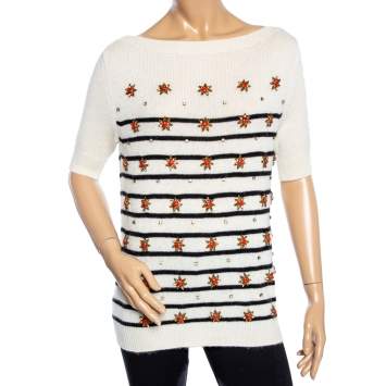 Pre Owned Gucci Off-White Striped Cashmere Embellished Sweater S