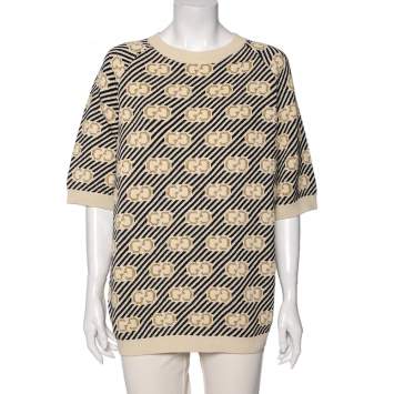 Pre Owned Gucci Multicolored GG Lurex Jacquard Wool Crewneck Sweater L