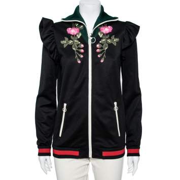 Pre Owned Gucci Black Jersey Floral Embroidered Ruffled Detail Technical Jacket L