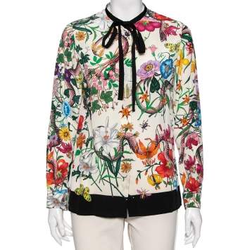Pre Owned Gucci Multicolor Floral Print Silk Neck Tie Blouse S