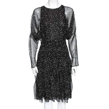 Pre Owned Gucci Black Polka Dots Silk Ruffle Dolman Sleeves Dress M