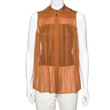 Pre Owned Gucci Orange Silk Pleated Front Sleeveless Top M