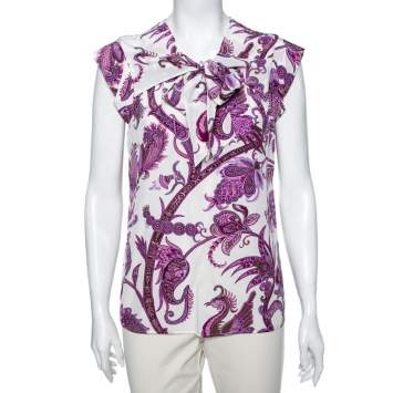 Pre Owned Gucci Purple Abstract Paisley Printed Silk Bow Tie Front Short Sleeve Top M