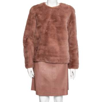 Pre Owned Gucci Pink Mink Fur Long Sleeve Top & Leather Skirt Set M