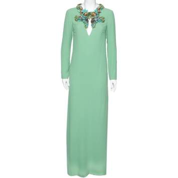 Pre Owned Gucci Green Silk Crepe Embellished Neck Maxi Evening Dress M 