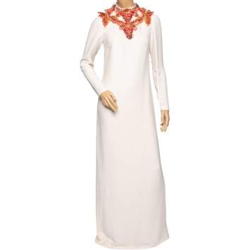 Pre Owned Gucci Cream Silk Crepe Embellished Neck Maxi Evening Dress M