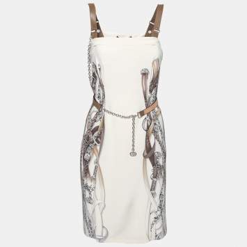 Pre Owned Gucci Beige Strap Printed Silk Leather Strap Belted Dress M