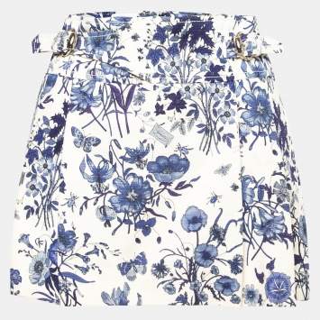 Pre Owned Gucci Cream and Blue Floral Print Cotton Pleated Mini Skirt M