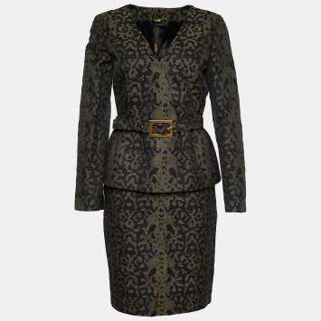 Pre Owned Gucci Green Animal Pattered Jacquard Skirt Suit M