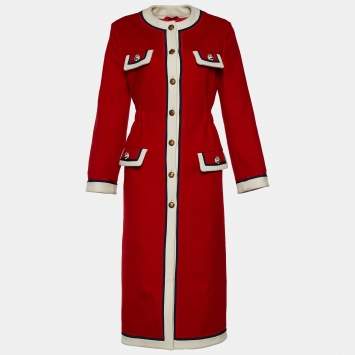 Pre Owned Gucci Red Wool Feline Button Detail Long Coat M