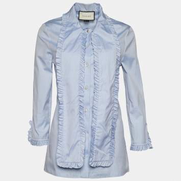 Pre Owned Gucci Blue Cotton Ruffle Neck Tie Detail Shirt M