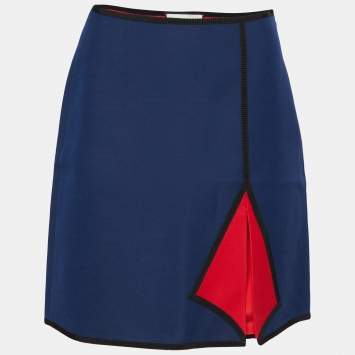 Pre Owned Gucci Navy Blue Wool & Silk Pleat Detail Skirt S