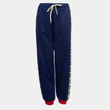 Pre Owned Gucci Blue Jersey Logo Band Stripe Jogger Pants M