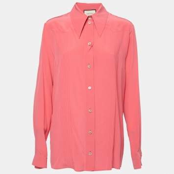 Pre Owned Gucci Pink Silk-Satin Pleated Long Sleeve Shirt L
