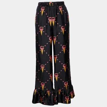 Pre Owned Gucci Black Ice Cream Printed Silk Flared Hem Pants S