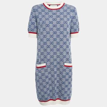 Pre Owned Gucci Blue GG Supreme Jacquard Knit Midi Dress XL