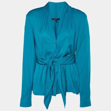 مملوكة مسبقًا Gucci Green Silk Waist Tie Drape Detail Shirt M