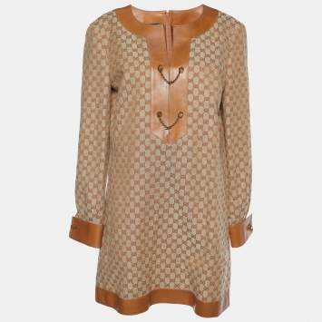 Pre Owned Gucci Brown Logo Linen Canvas & Leather Trim Mini Dress M