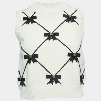 Pre Owned Gucci White Bow Embellished Knit Sleeveless Vest S