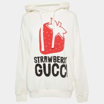 Pre Owned Gucci White Cotton Strawberry Print Embellished Hoodie XS