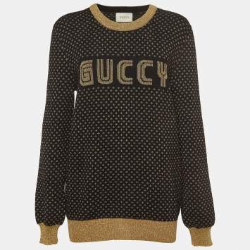 Pre Owned Gucci Black/Metallic Guccy Logo Wool Sweater XL