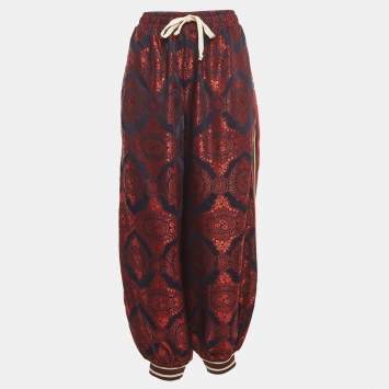 Pre Owned Gucci Red/Multicolor Jacquard Wide Leg Pants L