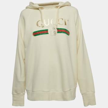 Gucci Cream Logo Print Embroidered Cotton Knit Hoodie XS