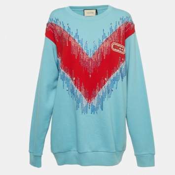 Pre Owned Gucci Blue Crystal Embellished Oversized Sweatshirt L
