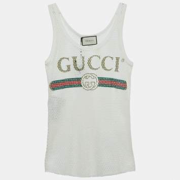 Pre Owned Gucci White Logo Printed Mesh Tank Top S 