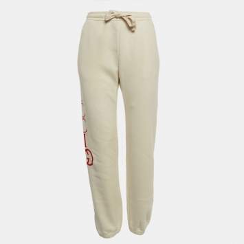 Pre Owned Gucci Off White Logo Print Cotton Joggers S