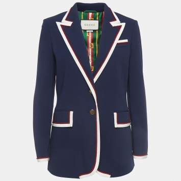 Pre Owned Gucci Navy Blue Crepe Contrast Trim Detail Button Front Blazer M