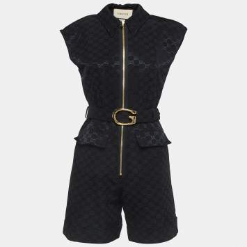 Pre Owned Gucci Black Monogram Jacquard Faille Belted Jumpsuit S