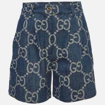 Pre Owned Gucci Blue Jumbo GG Denim High Waist Shorts M